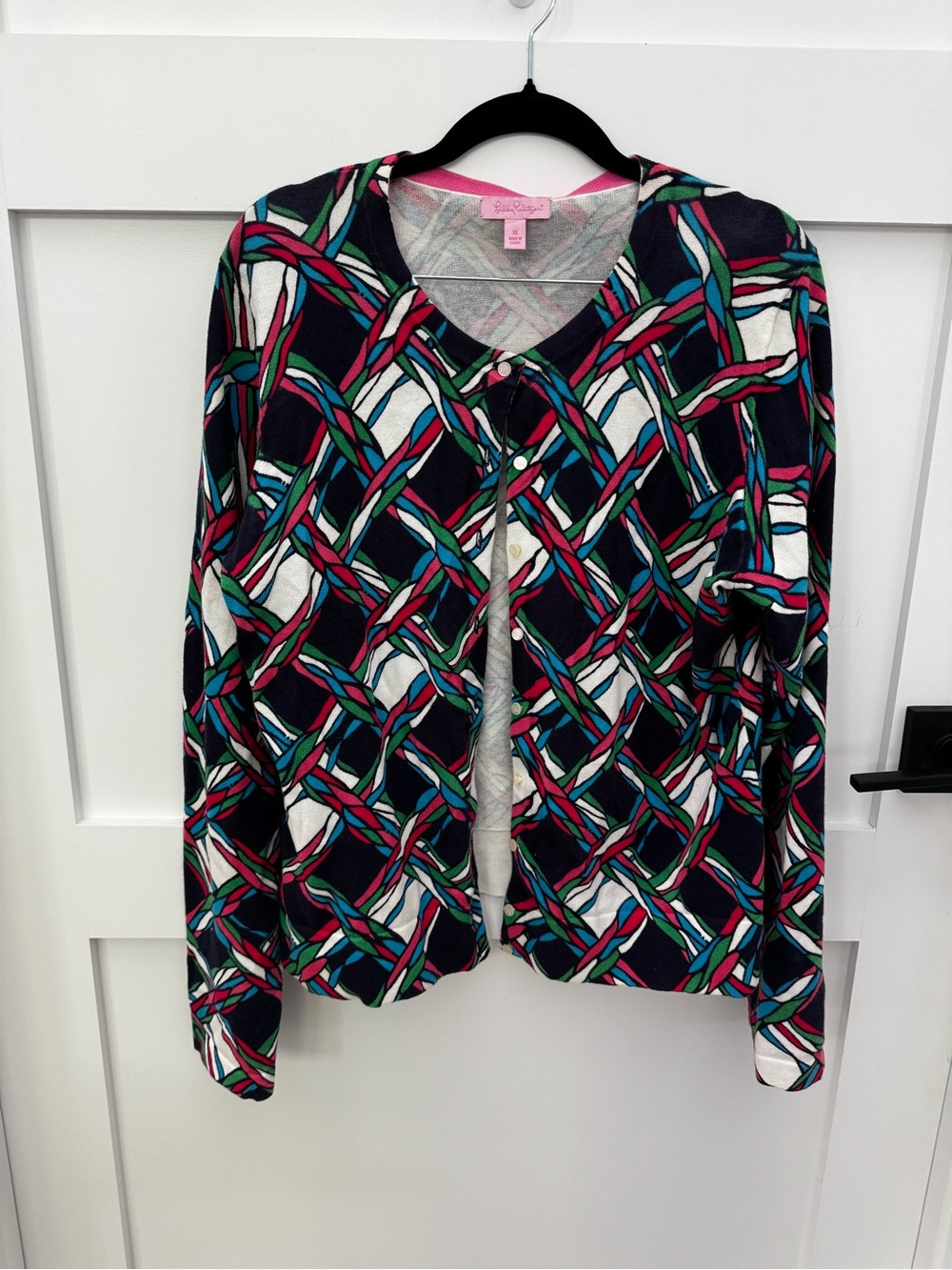 Lilly Pulitzer Navy Pink Teal White Patterned Cardigan
